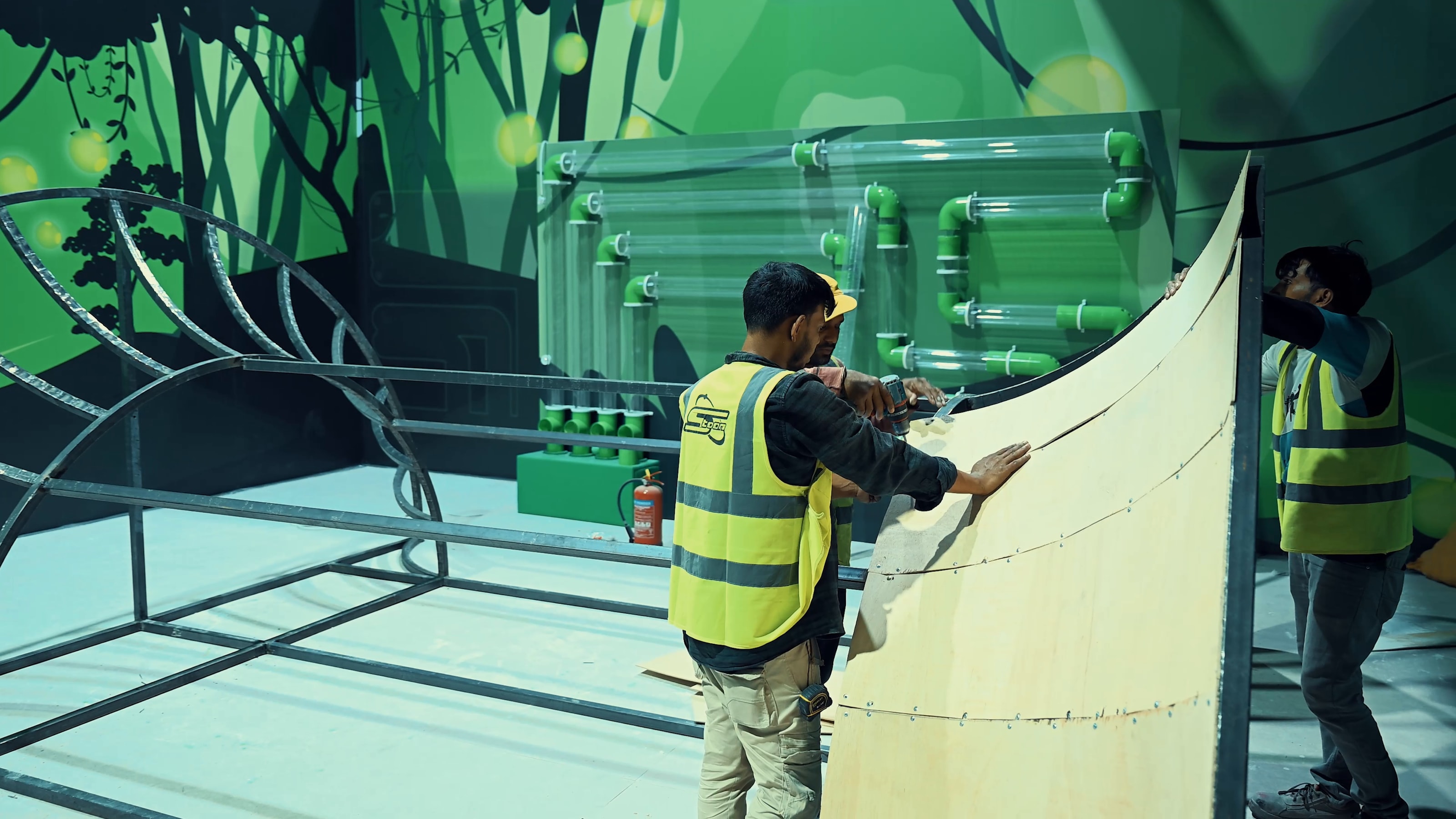Crew fitting curved panels in the green room