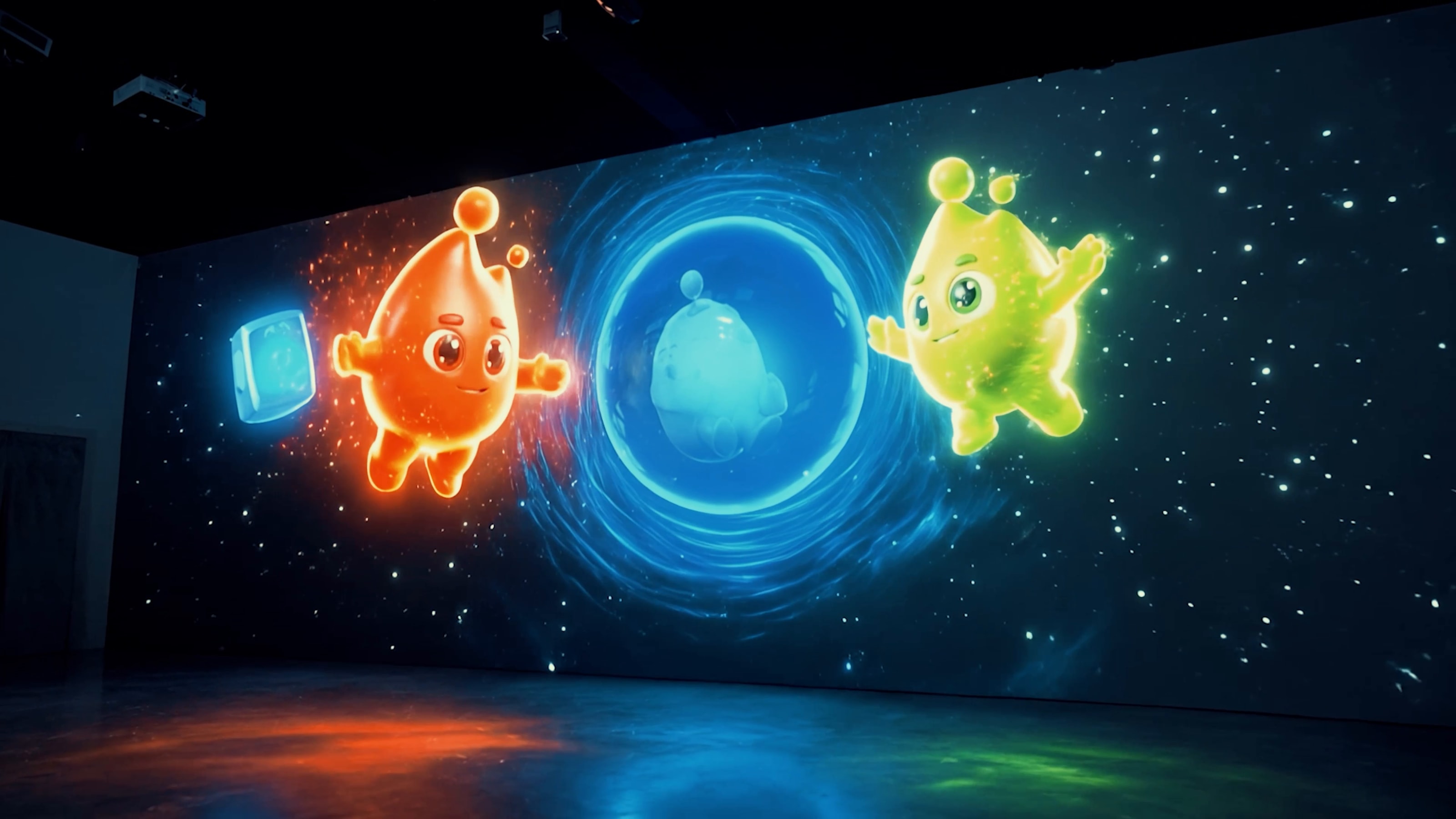 Projected Colorverse characters across a starfield wall
