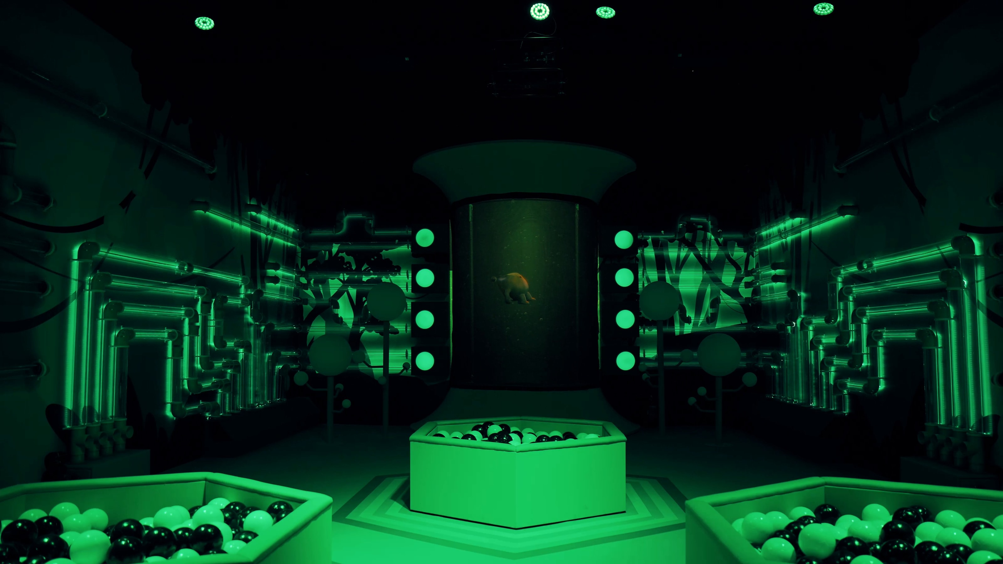Neon-green room with glowing wall panels