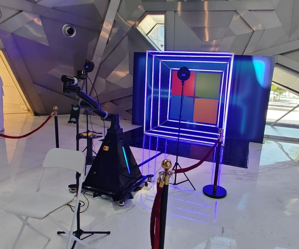 Photo booth with a Microsoft-logo light frame