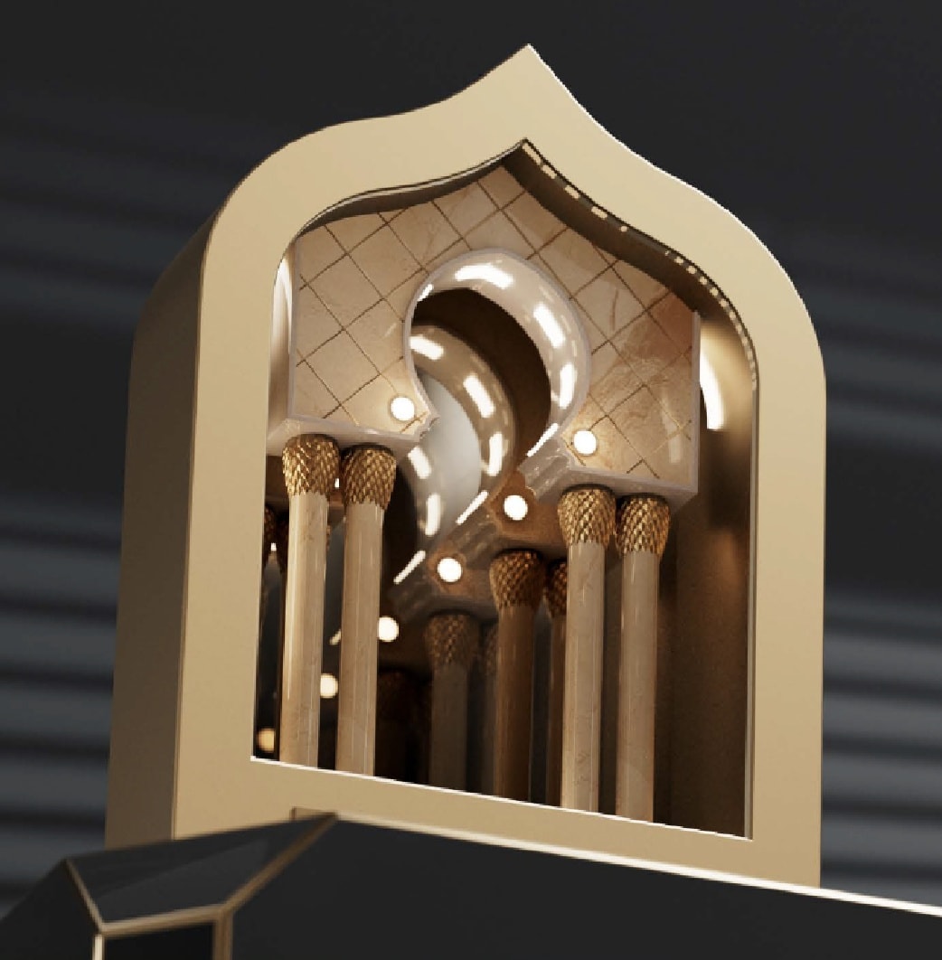 Gold arch sculpture with lit columns