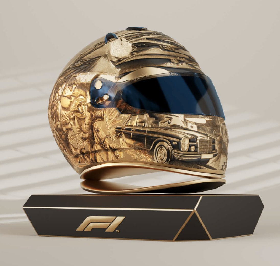 Gold racing-helmet trophy on a black base