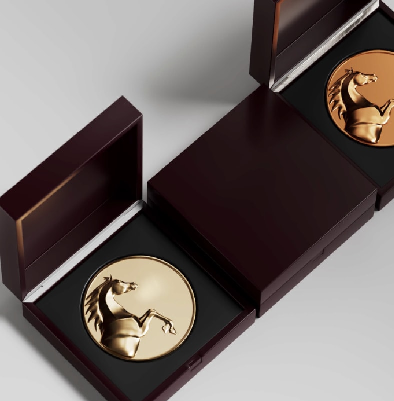 Horse medal in a burgundy presentation case