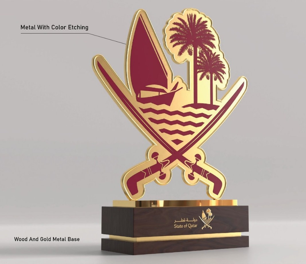 Trophy based on the Qatar emblem with crossed swords and palm