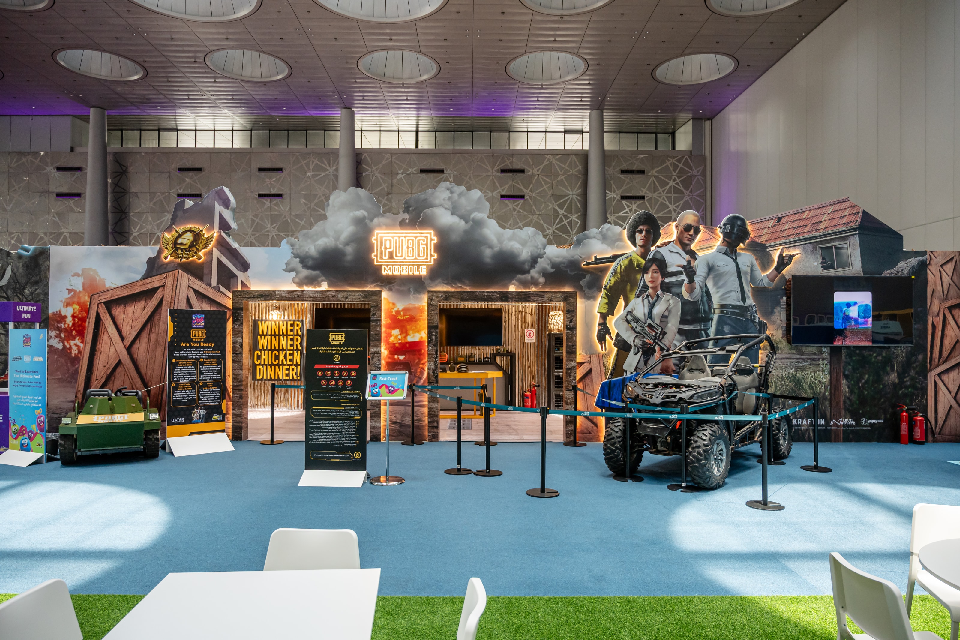 PUBG Mobile zone facade with character art and buggy