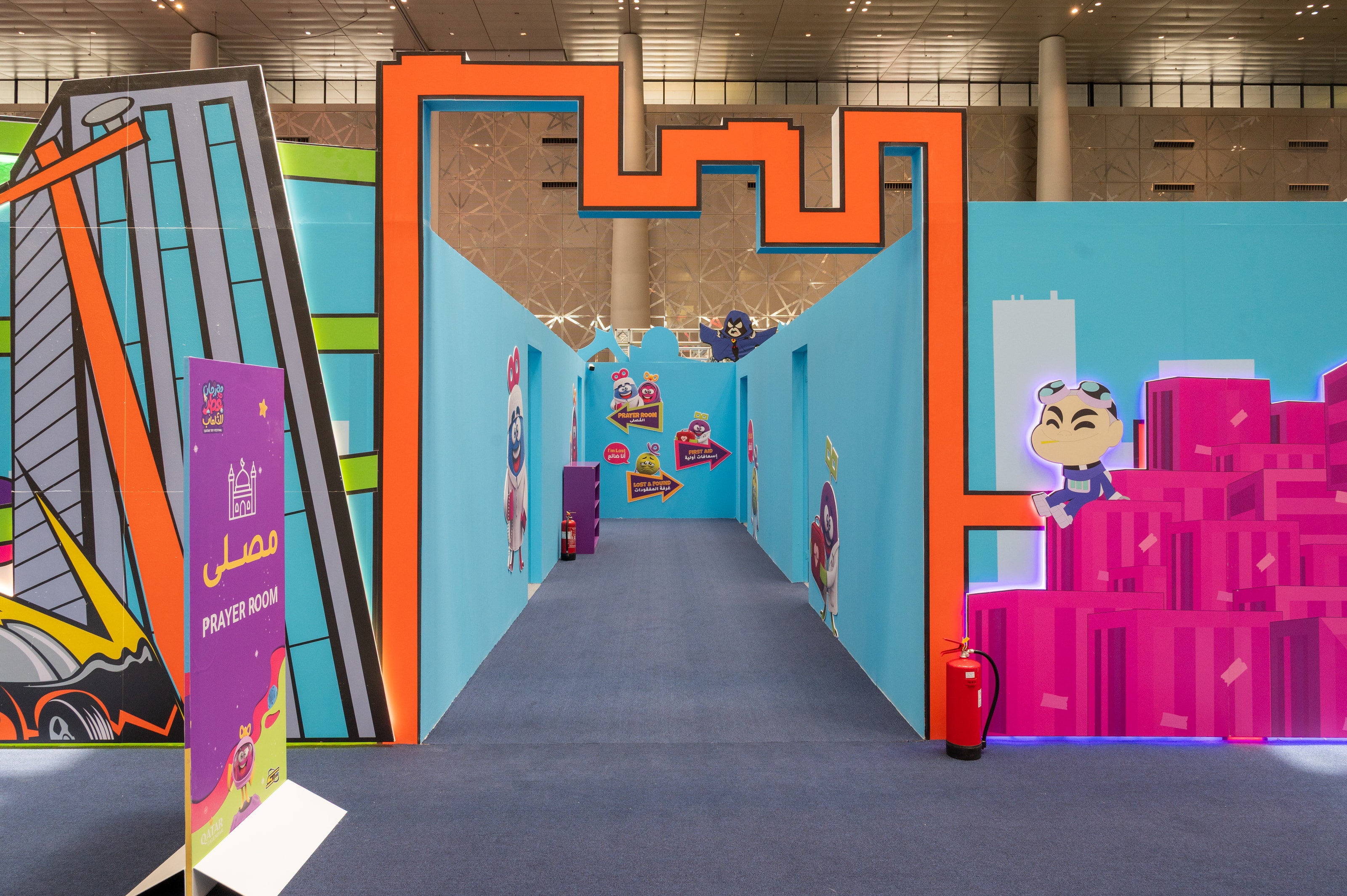 Comic-city corridor with cut-out building facades