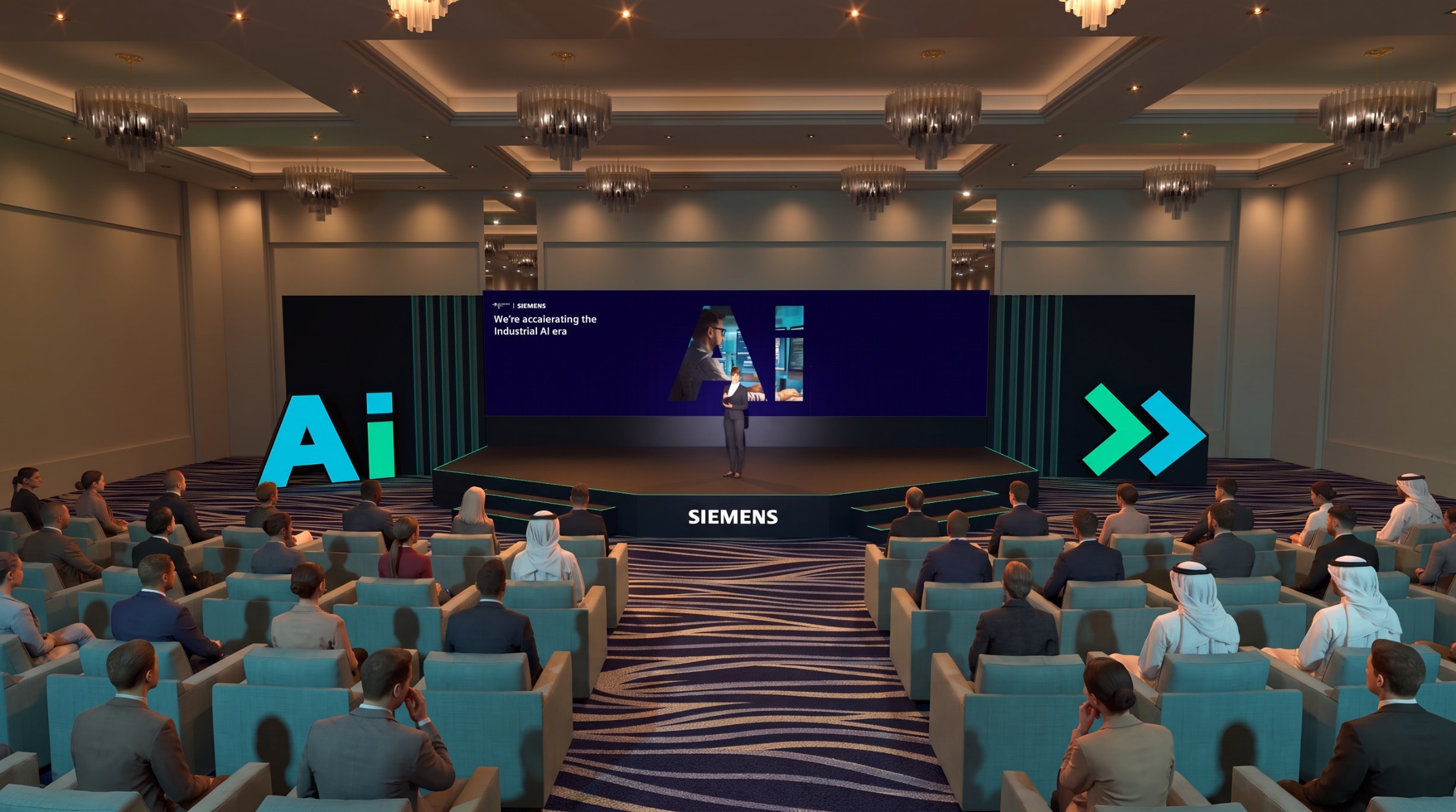 Theatre-style seating in front of the Siemens townhall stage