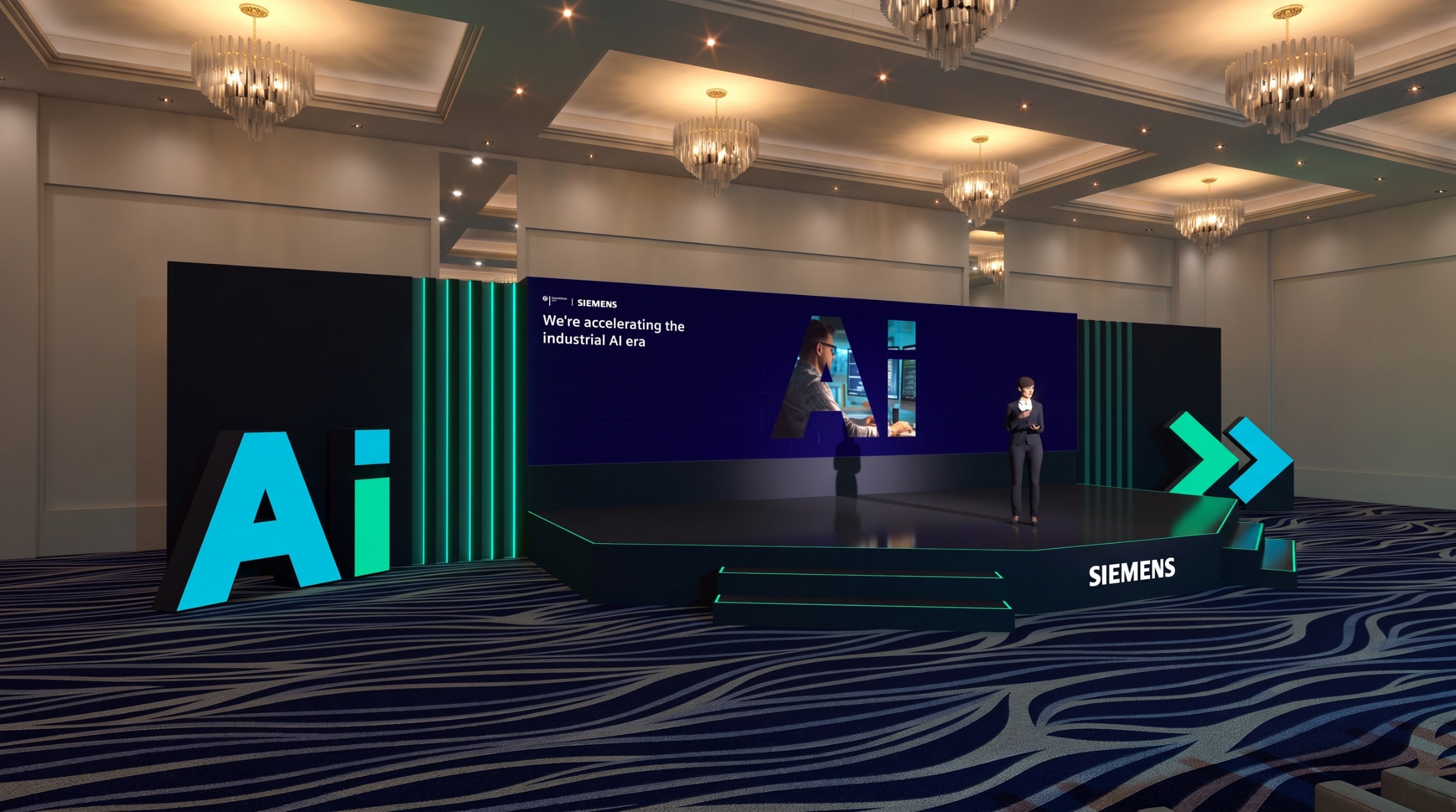 Siemens townhall stage with an LED screen and illuminated “Ai” lettering