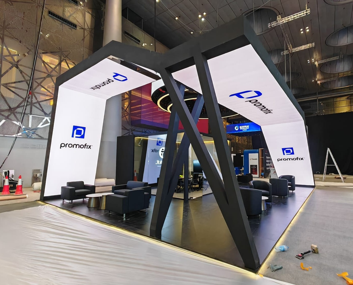 Promofix-branded black arches on the J Group stand