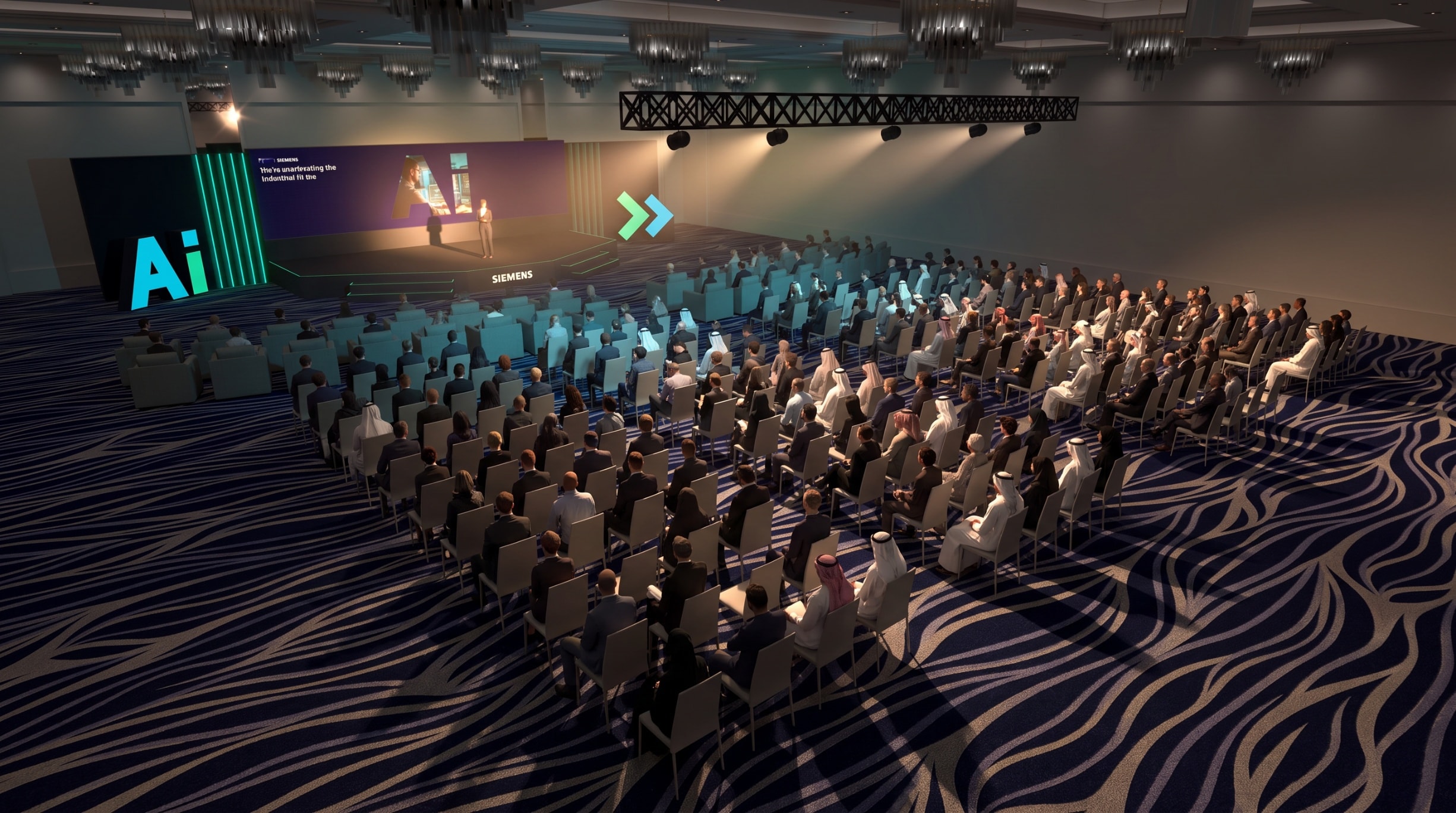 Siemens townhall: audience facing the stage and “Ai” lettering